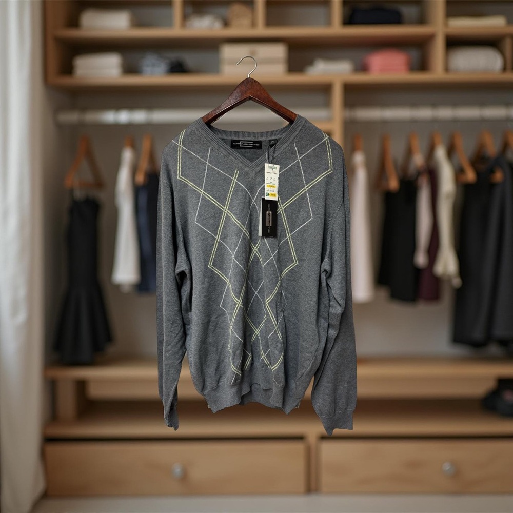 Yellow and Gray V-Neck Sweater with Geometric Pattern